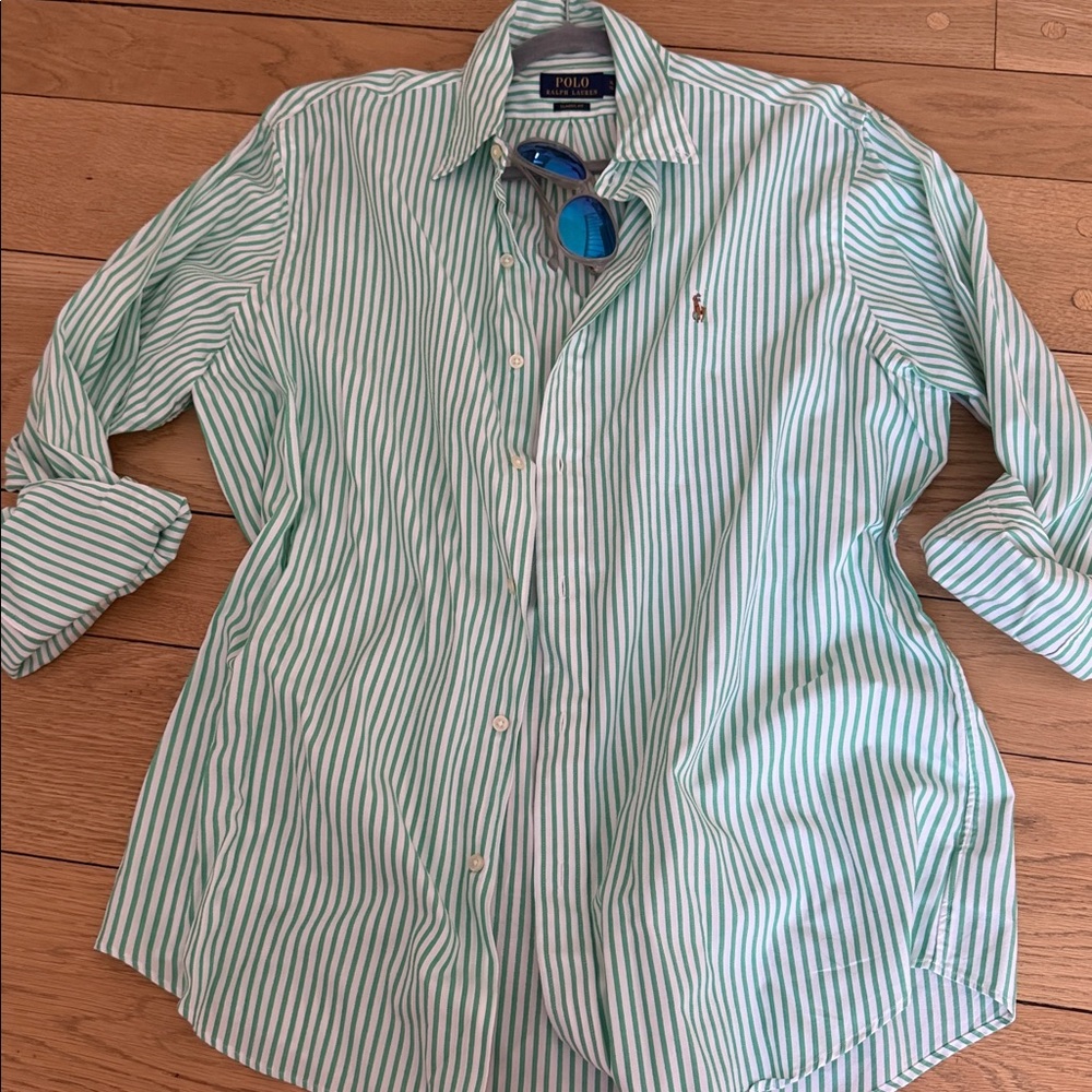 Ralph Lauren Green and White Striped Polo Shirt - Picture 4 of 8